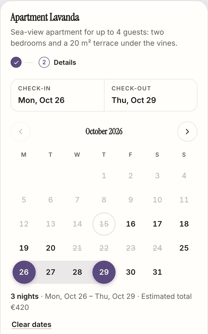 The live booking widget on the same site: three nights picked, estimated total €420