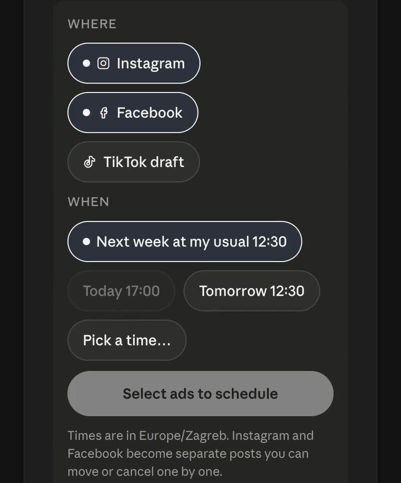 Choosing Instagram, Facebook or TikTok and a posting time