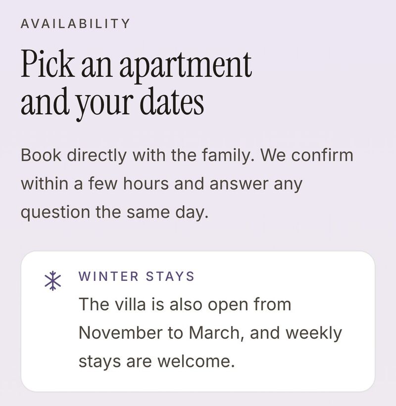 The live Villa Lavanda site on a phone showing the Winter stays note
